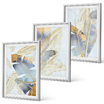Lot de 3 tableaux pour salon Feuilles bleu-beige clair