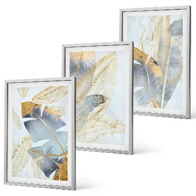 Lot de 3 tableaux pour salon motif feuilles bleu et beige clair