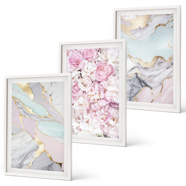Lot de 3 tableaux pour salon Fleurs roses, pastel marbré