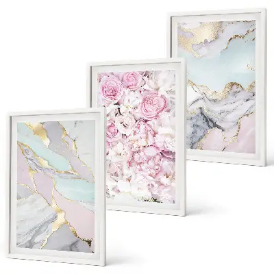Lot de 3 tableaux pour salon avec motif fleurs roses et rendu marbré pastel