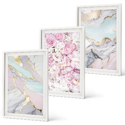 Lot de 3 tableaux pour salon Fleurs roses, pastel marbré