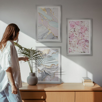 Lot de 3 tableaux pour salon Fleurs roses, pastel marbré