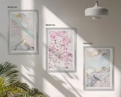 Lot de 3 tableaux pour salon avec motif fleurs roses et rendu marbré pastel
