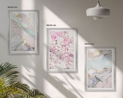 Lot de 3 tableaux pour salon Fleurs roses, pastel marbré