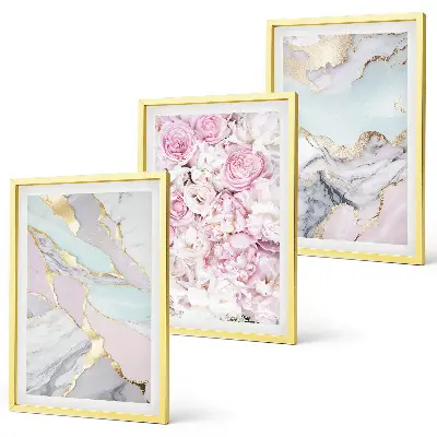 Lot de 3 tableaux pour salon avec motif fleurs roses et rendu marbré pastel