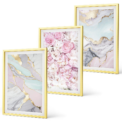 Lot de 3 tableaux pour salon Fleurs roses, pastel marbré