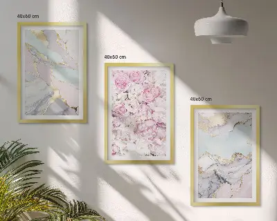 Lot de 3 tableaux pour salon avec motif fleurs roses et rendu marbré pastel