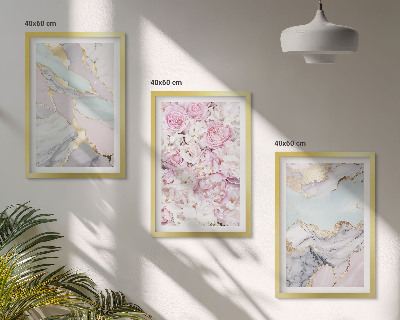Lot de 3 tableaux pour salon Fleurs roses, pastel marbré