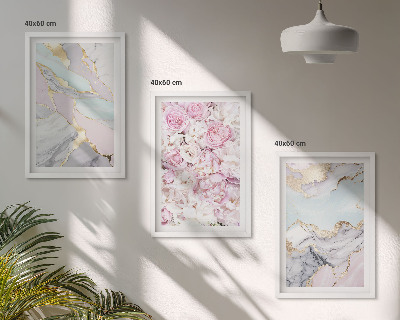 Lot de 3 tableaux pour salon Fleurs roses, pastel marbré