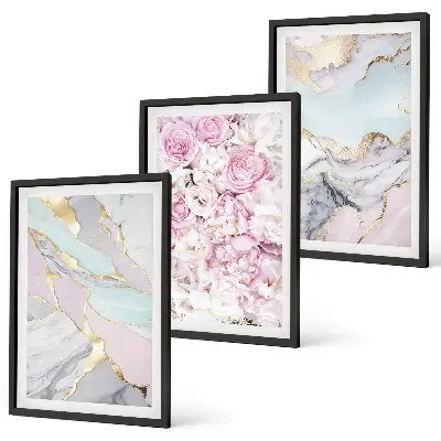 Lot de 3 tableaux pour salon avec motif fleurs roses et rendu marbré pastel