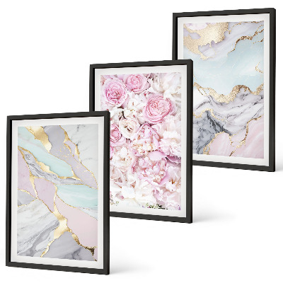 Lot de 3 tableaux pour salon Fleurs roses, pastel marbré