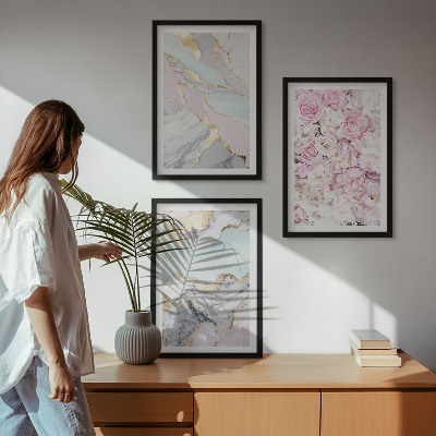 Lot de 3 tableaux pour salon Fleurs roses, pastel marbré