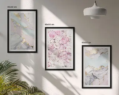 Lot de 3 tableaux pour salon avec motif fleurs roses et rendu marbré pastel