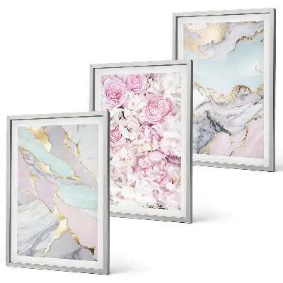 Lot de 3 tableaux pour salon avec motif fleurs roses et rendu marbré pastel