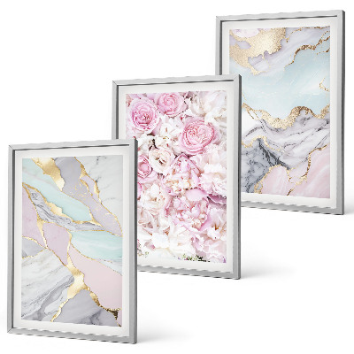 Lot de 3 tableaux pour salon Fleurs roses, pastel marbré