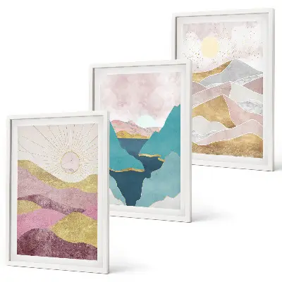 Cadre photo mural motif montagnes abstraites et soleil