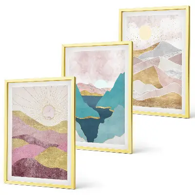 Cadre photo mural motif montagnes abstraites et soleil