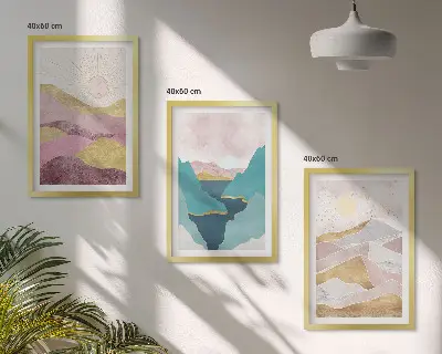 Cadre photo mural motif montagnes abstraites et soleil