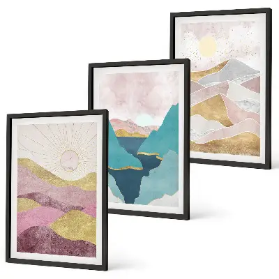 Cadre photo mural motif montagnes abstraites et soleil