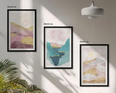 Cadre photo mural motif montagnes abstraites et soleil