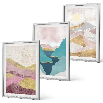 Cadre photo mural motif montagnes abstraites et soleil