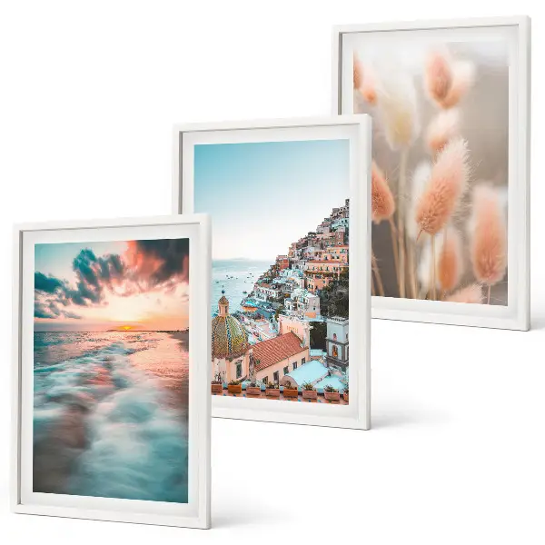 Lot de 3 tableaux pour salon représentant un coucher de soleil sur la mer avec des maisons et des fleurs