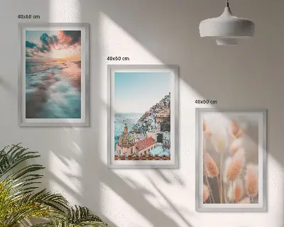 Lot de 3 tableaux pour salon représentant un coucher de soleil sur la mer avec des maisons et des fleurs