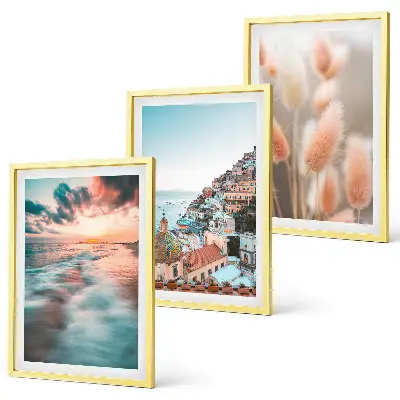 Lot de 3 tableaux pour salon représentant un coucher de soleil sur la mer avec des maisons et des fleurs