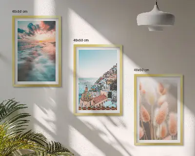 Lot de 3 tableaux pour salon représentant un coucher de soleil sur la mer avec des maisons et des fleurs