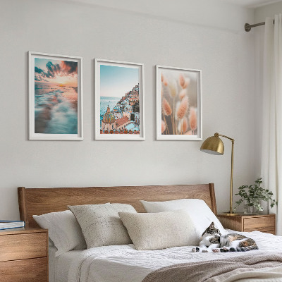 Lot de 3 tableaux pour salon Coucher de soleil sur la mer, maisons et fleurs