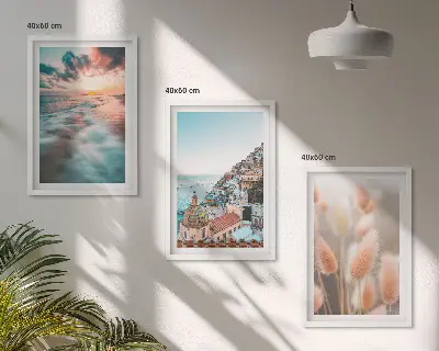 Lot de 3 tableaux pour salon représentant un coucher de soleil sur la mer avec des maisons et des fleurs