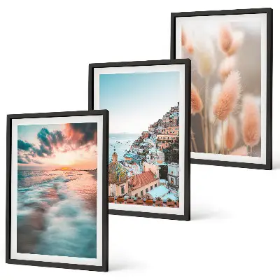 Lot de 3 tableaux pour salon représentant un coucher de soleil sur la mer avec des maisons et des fleurs