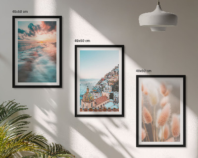 Lot de 3 tableaux pour salon Coucher de soleil sur la mer, maisons et fleurs