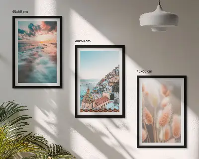 Lot de 3 tableaux pour salon représentant un coucher de soleil sur la mer avec des maisons et des fleurs
