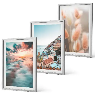 Lot de 3 tableaux pour salon représentant un coucher de soleil sur la mer avec des maisons et des fleurs