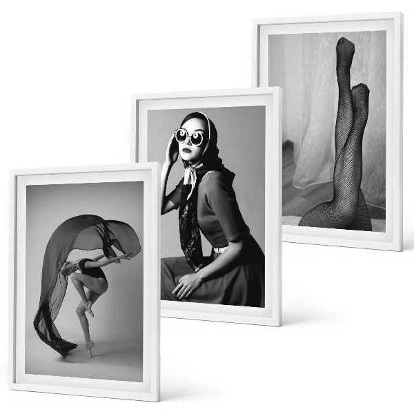 Lot de 3 tableaux pour salon Portraits de femmes en noir et blanc