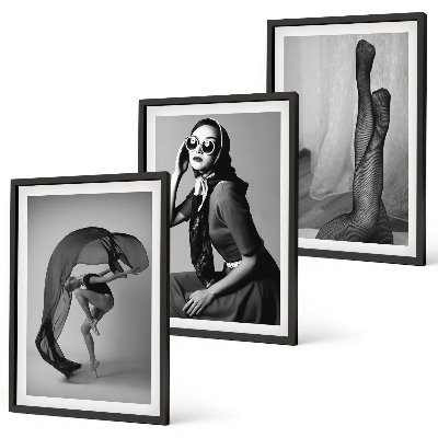 Lot de 3 tableaux pour salon Portraits de femmes en noir et blanc