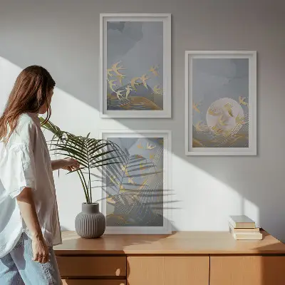 Lot de 3 tableaux pour salon représentant des oiseaux volant dans le ciel