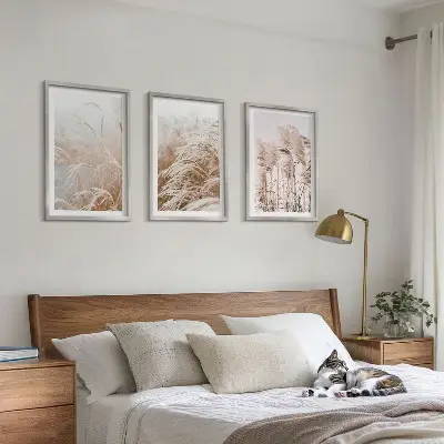 Lot de 3 tableaux pour salon représentant des champs d'herbe brune et beige
