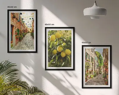 Cadre photo mural représentant des rues avec des fleurs de citronnier en arrière-plan