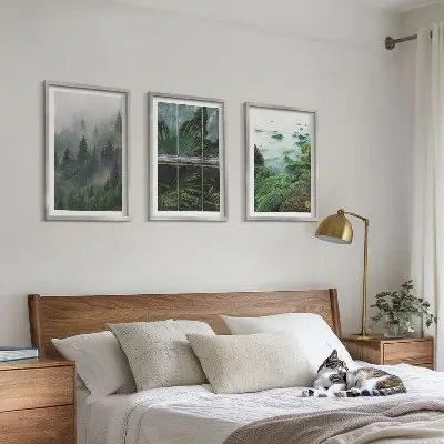 Lot de 3 tableaux pour salon motif brouillard forestier avec rive du fleuve et serre