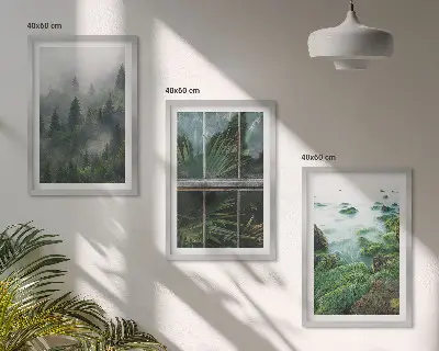 Lot de 3 tableaux pour salon motif brouillard forestier avec rive du fleuve et serre