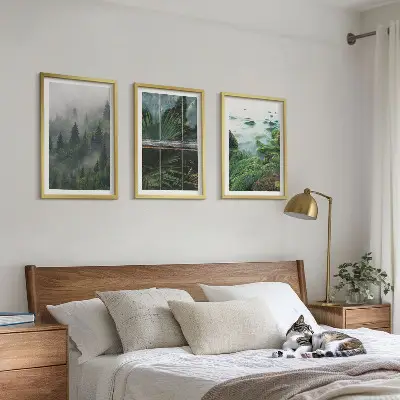 Lot de 3 tableaux pour salon motif brouillard forestier avec rive du fleuve et serre