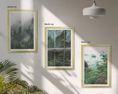 Lot de 3 tableaux pour salon motif brouillard forestier avec rive du fleuve et serre