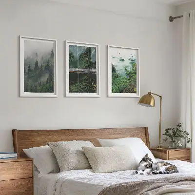Lot de 3 tableaux pour salon motif brouillard forestier avec rive du fleuve et serre