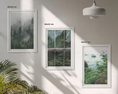 Lot de 3 tableaux pour salon motif brouillard forestier avec rive du fleuve et serre