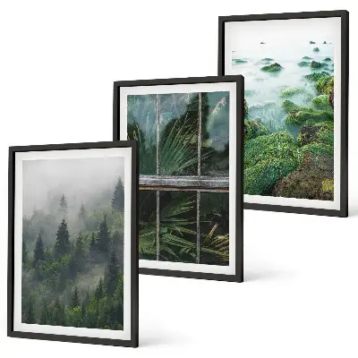 Lot de 3 tableaux pour salon motif brouillard forestier avec rive du fleuve et serre