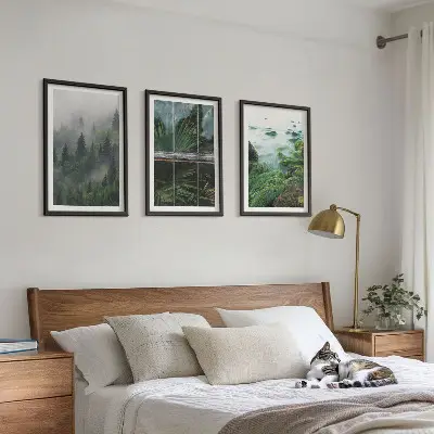 Lot de 3 tableaux pour salon motif brouillard forestier avec rive du fleuve et serre