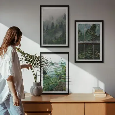 Lot de 3 tableaux pour salon motif brouillard forestier avec rive du fleuve et serre