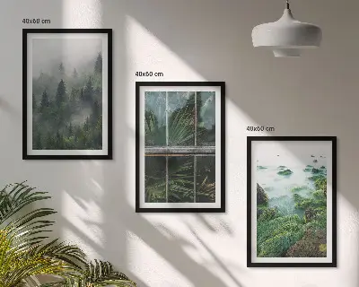 Lot de 3 tableaux pour salon motif brouillard forestier avec rive du fleuve et serre